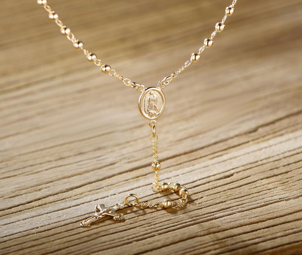 Barzel 18K Virgin Mary Rosary Bead Cross Necklace Made In 18 No Gemstones Gold-Plated - Brazil, Inches, Brass,