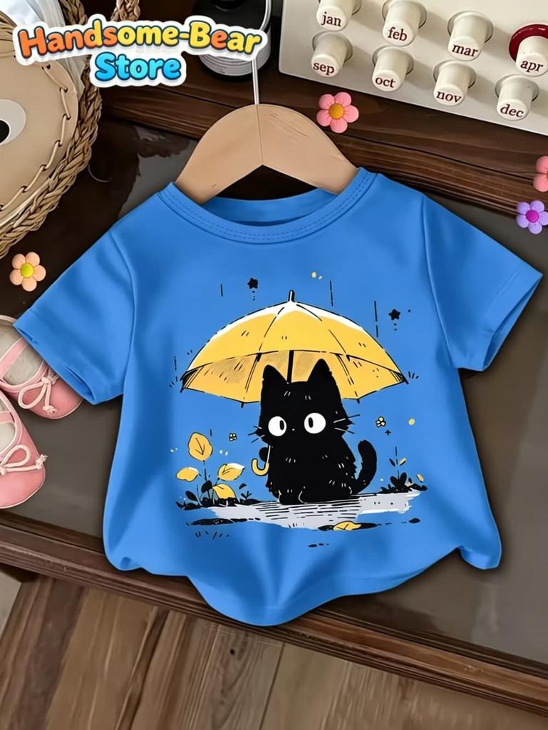 Футболка для девочек Милый кот Зонтик 3D-печать Девочка Топ с коротким рукавом Мультяшный кот Летняя одежда Детская футболка Детская одежда