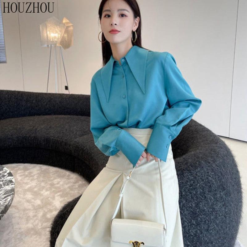 HOUZHOU Шикарная женская рубашка с острым воротником, корейская элегантная ретро-элегантная женская классическая блузка для поездок на работу