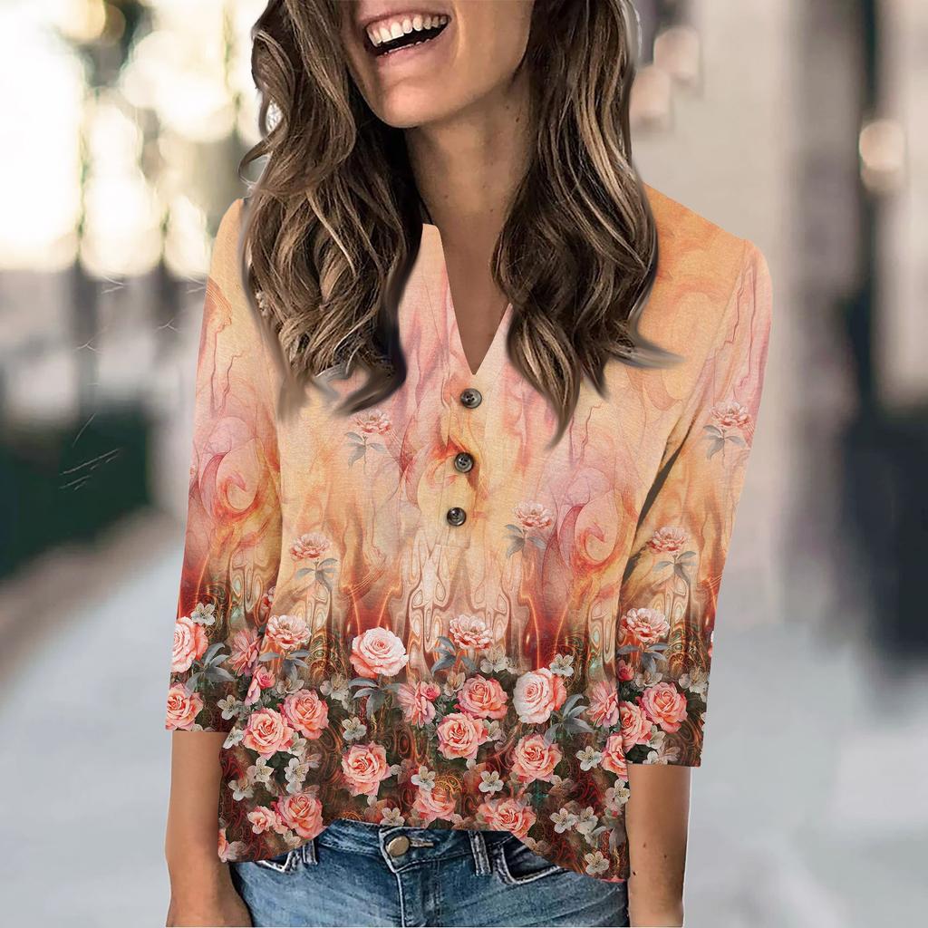 Women's Fashion Casual Loose 3/4 Sleeve Printed Round Neck Top