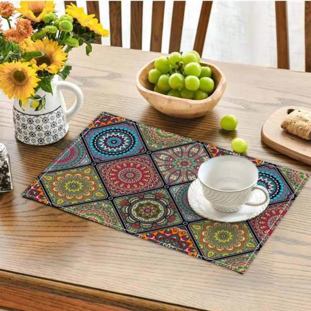 4Pcs Rectangular Boho Mandala Placemats Linen Floral Dining Mats Geometric Table Mat  Dinner