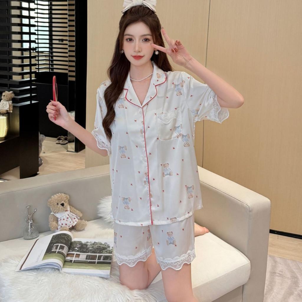 Pajamas Ladies Spring and Autumn Ice Silk Bear Printed Homewear Summer Short Sleeve Shorts Thin Clothing Set Autumn 811