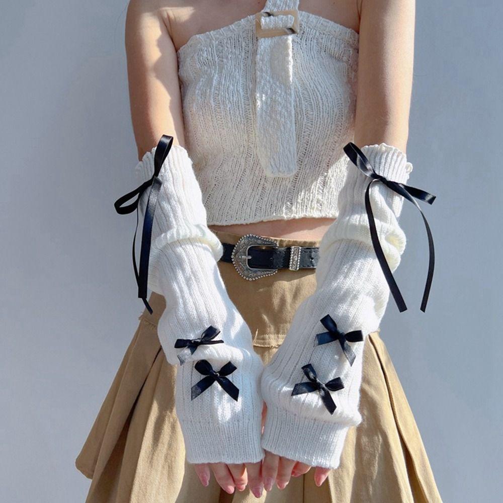 Бантик Балетный Стиль Бант Вязаные Митенки Эластичные Перчатки без Пальцев Y2K Теплые Рукава Лолита