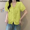 VONDA Women V Neck Puff Sleeve Buttons Up Ruffled Solid Casual Blouse