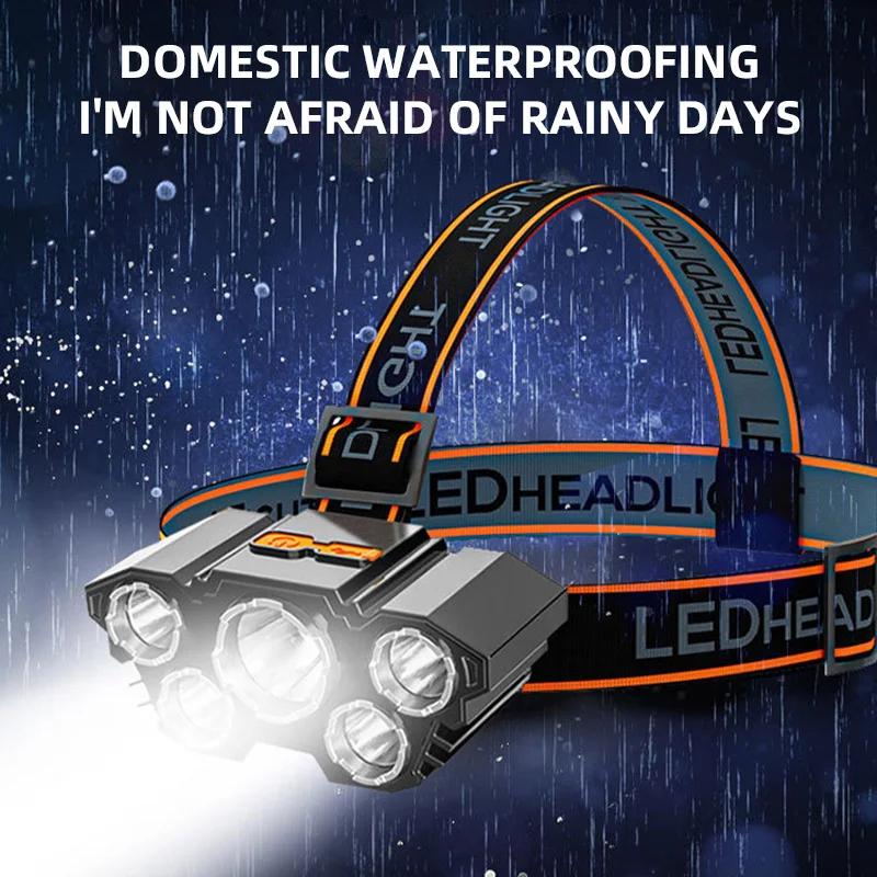 5 LED Headlamp Rechargeable with Built In 18650 Battery Strong Light Headlight Camping Adventure Fishing Head Light Flashlight