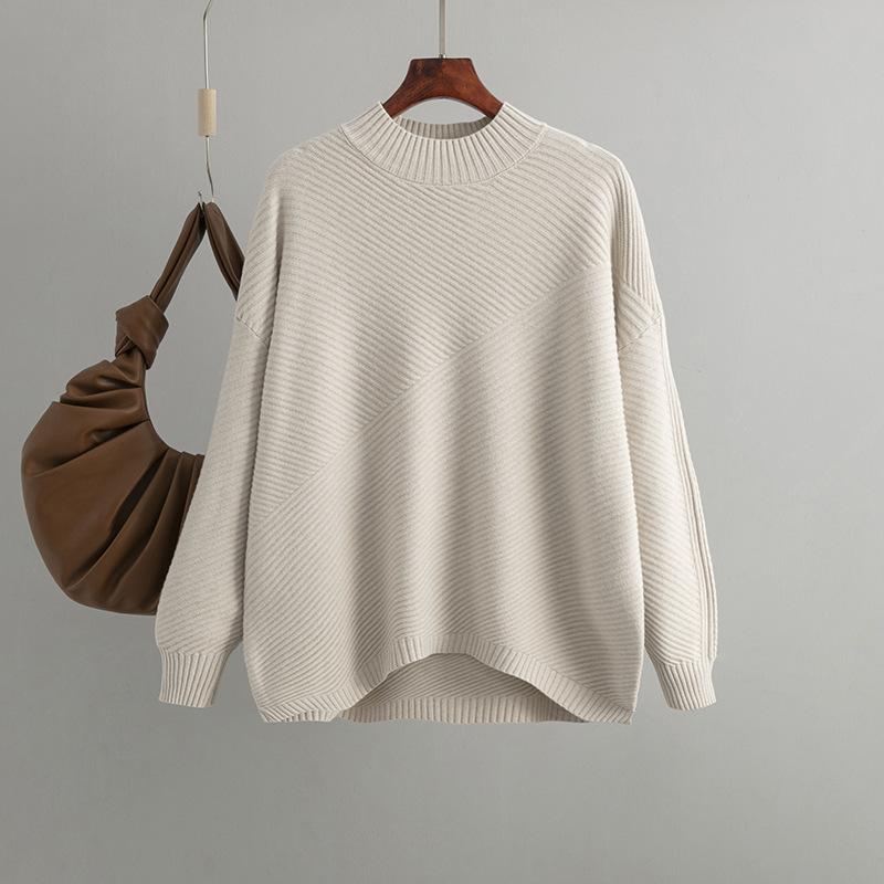 Autumn Winter Vintage Loose Large Sleeve Top Solid Color Pullover Knitwear Half High Collar Sweater