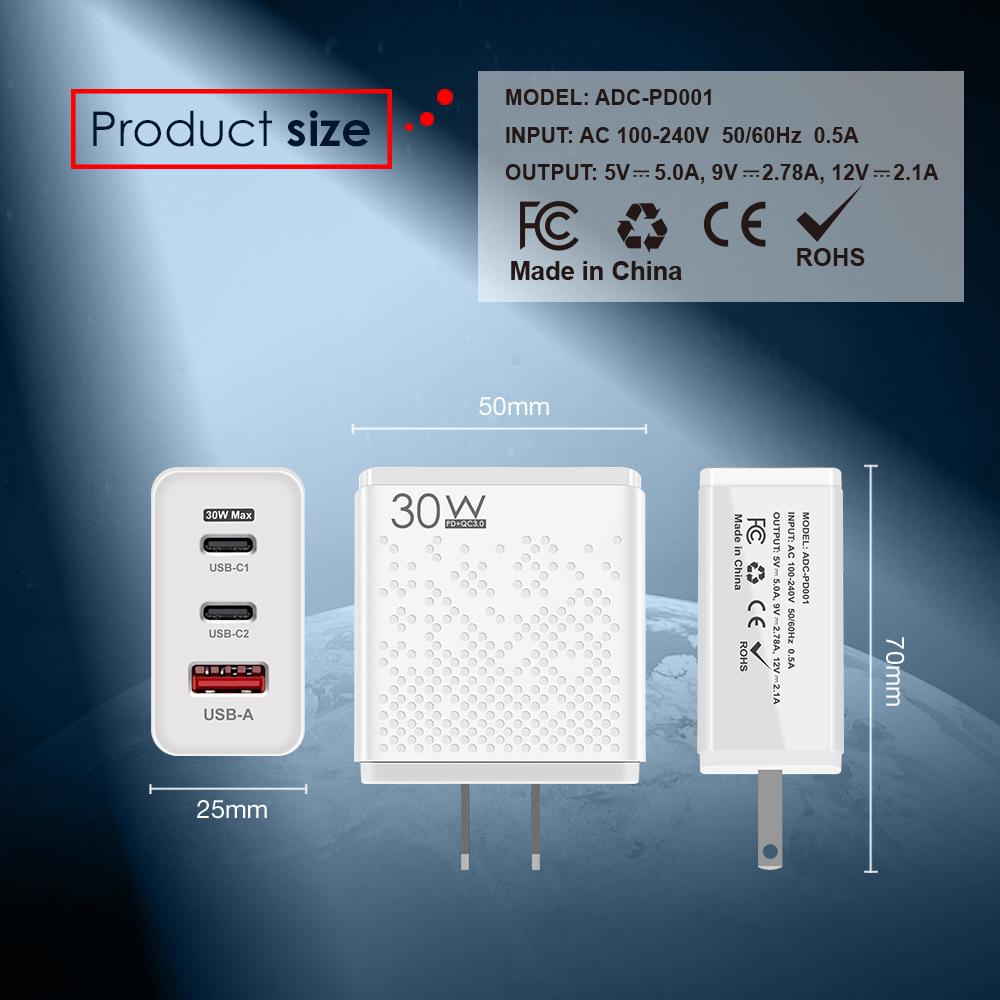 Быстрое зарядное устройство 30 Вт с двумя портами Type-C и USB (ЕС / США)