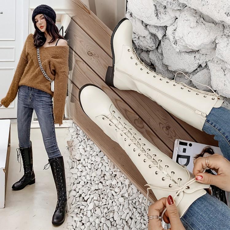 Autumn and Winter European and American Knight Boots New Single Boots High Women's Boots Low Heel Soft Skin Lace-up Medium Boots Thick Heel Women's