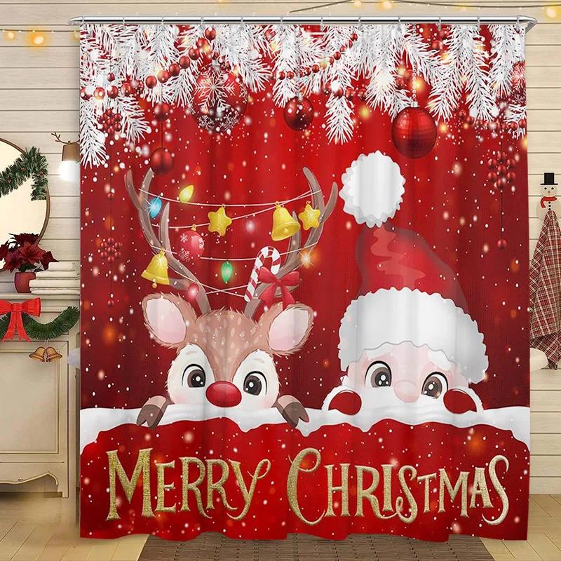 Рождественская шторка для душа Дед Мороз Рождественская елка Кот Собака Зима Снежный Снежинка Дом Полиэфирная ткань Декор для ванной Комнаты Шторы