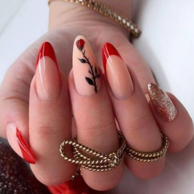 24 шт. Накладные ногти на День святого Валентина, миндалевидные акриловые ногти, полное покрытие, глянцевые накладные ногти, французские типсы, украшение для нейл-арта