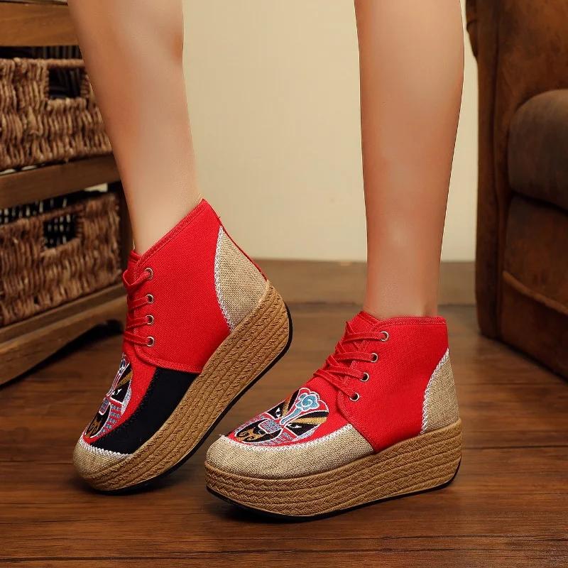 Мода 2024 Новые Ретро Женские Льняные Хлопковые Вышитые Короткие Ботильоны на Платформе Удобные Женские Ботильоны на Шнуровке Зимняя Обувь