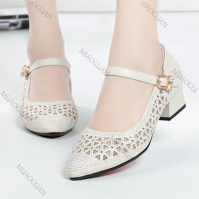 Модная сетчатая дышащая обувь-лодочки для женщин на весну-лето, на толстом среднем каблуке, женская повседневная обувь, однотонные сандалии со стразами на каблуке