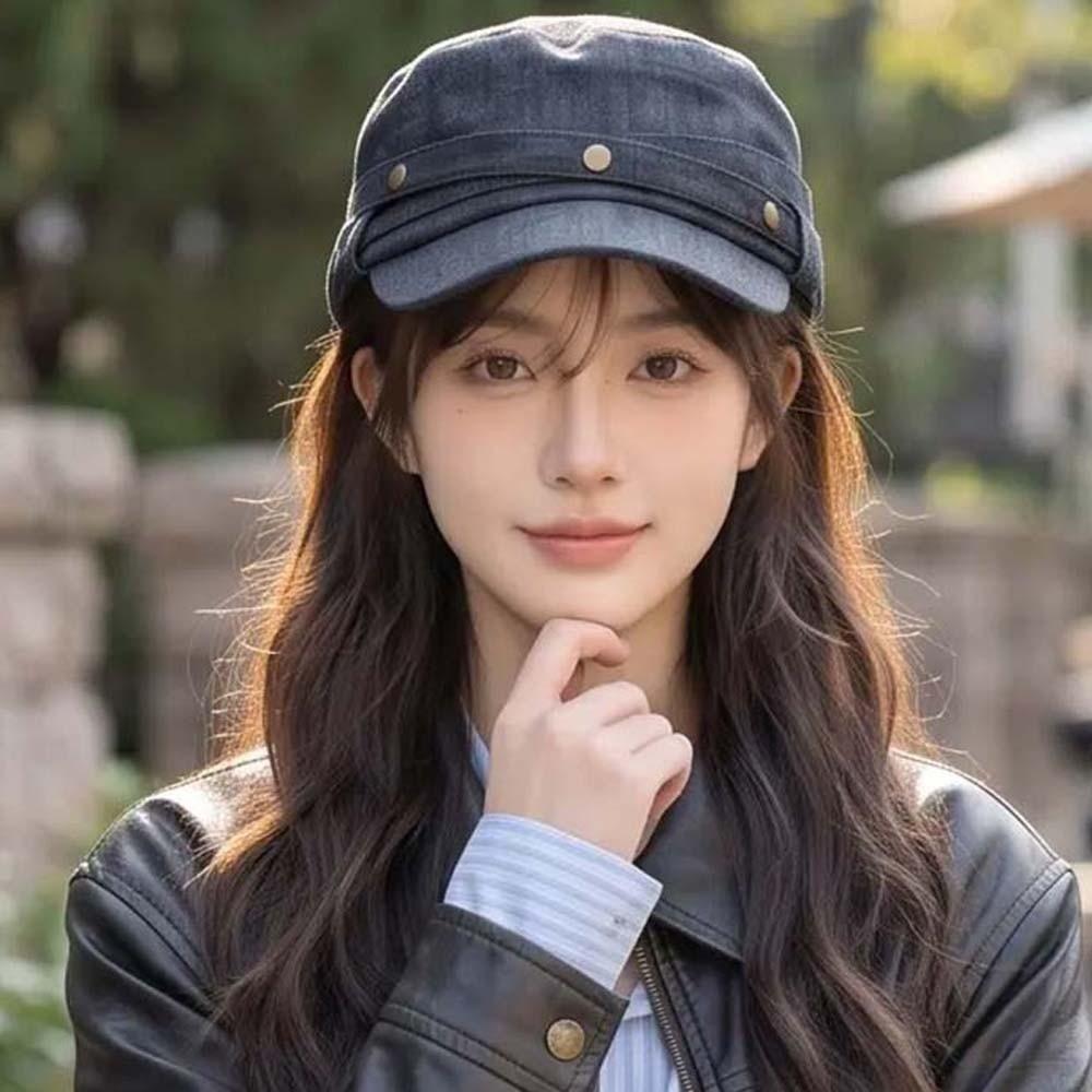Cross Ribbon Retro Equestrian Cap Washed Denim Rivet Top Cap Denim Flat Hat Weekend Outing