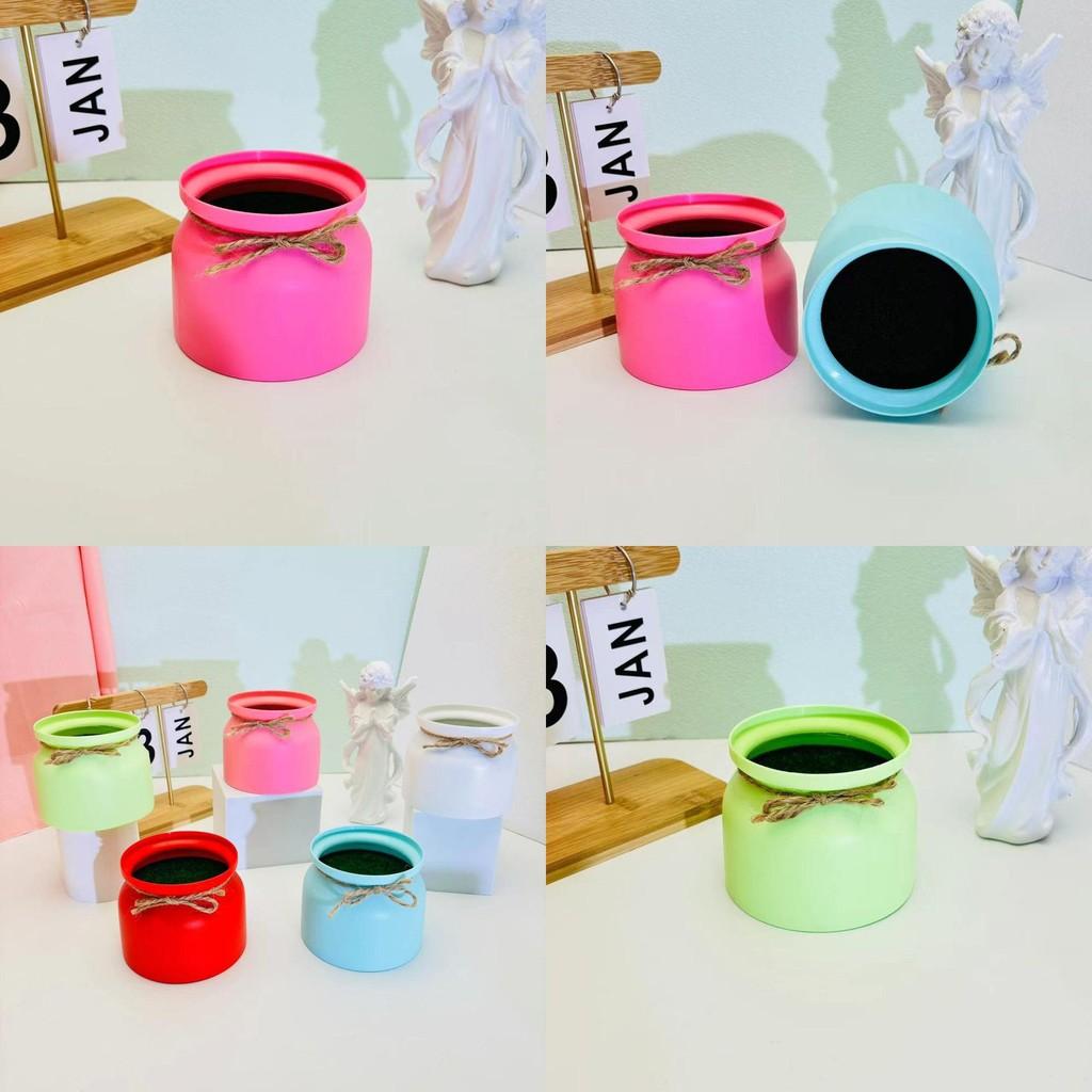 Plastic Flower Pot With Macaron Color Edging And Butterfly Bow For Hotel Wedding Decor Faux Plant Display