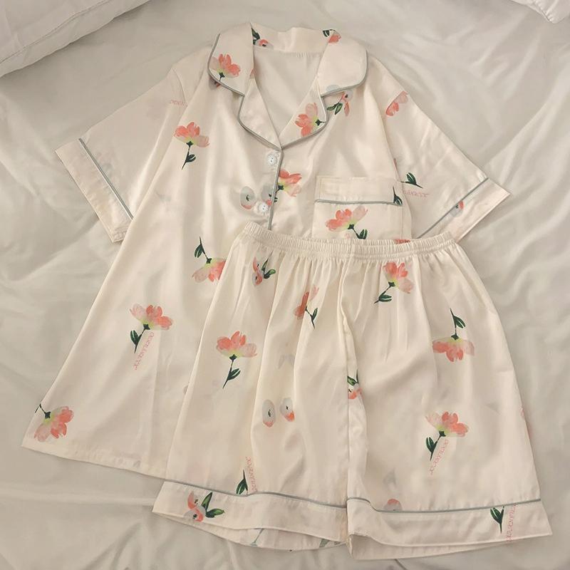 Peony Print Sweet Classic Short Women's Pajamas Simulated Silk Female House Clothing Summer Cool Casual Sleepwear