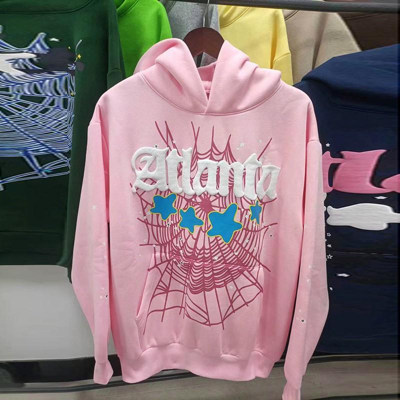 Sp5der Hoodie Oversized Thick Fleece Sweatshirt With Foil Print Spiderweb Design Men Winter Casual Wear