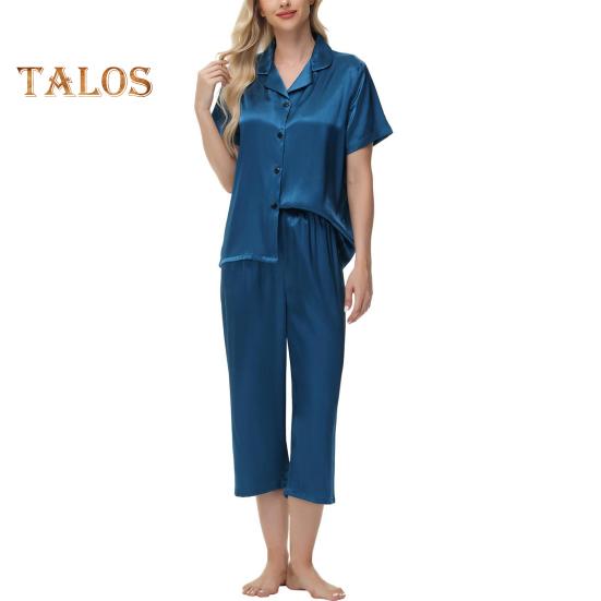 2 шт./комплект пижамы Ice Silk, рубашка с длинным рукавом и застежкой на пуговицы, эластичный пояс, широкие укороченные брюки, домашняя одежда, повседневный наряд, весенняя одежда для сна
