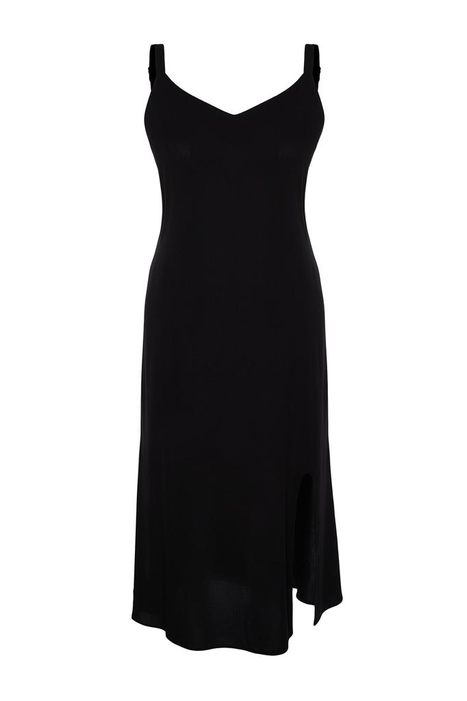 Черное тканое платье с разрезом TBBSS22EL1094..