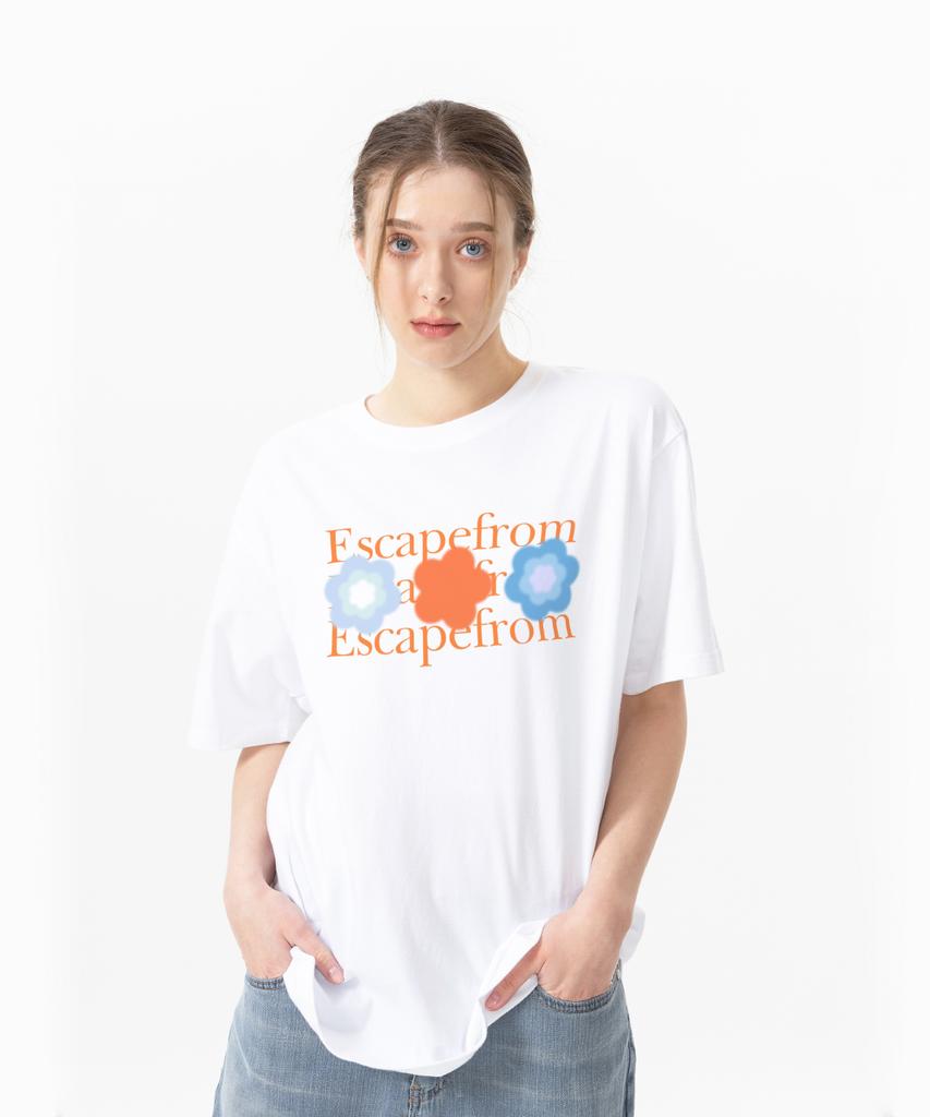 ESCAPEFROM Orange Logo Three Flower Print Oversized Short Sleeve T-Shirt White