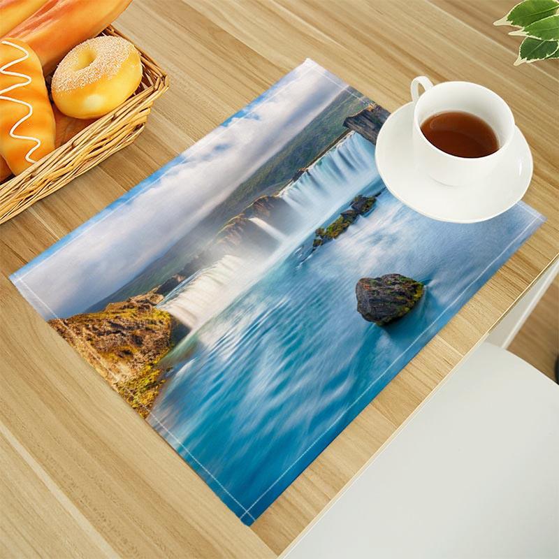 Natural Waterfall Print Linen Dining Table Mats Alphabet Kitchen Placemat 30X45cm Coasters Pads Bowl Cup Mat