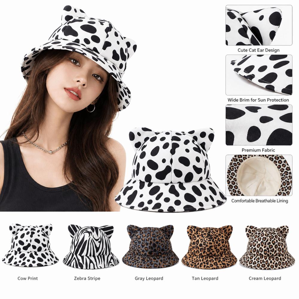Cow/ Leopard Print Bucket Hat Cat's Ears Basin Hats New Panama Fishing Cap Unisex