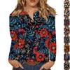Women's Fashion Casual Long Sleeved Printed Button Round Neck Top Round Neck Top