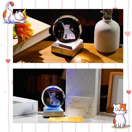 Орналрист 3,15 дюйма(около 8,0 см)Хрустальный шар с резьбой, 3D коллекция статуй кота и бабочки, офсетный пояс для веса бумаги, светодиодная основа, стеклянный шар для любителей кошек