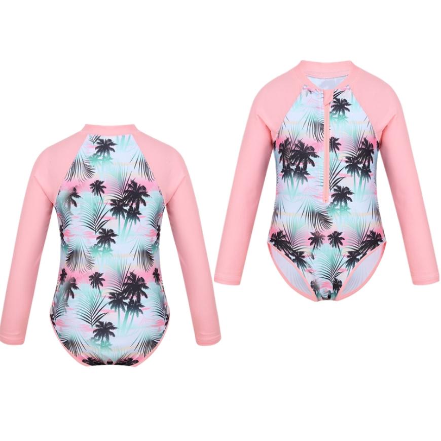 Детский купальник для девочек, купальный костюм на молнии с длинными рукавами и принтом пальм, купальный костюм, боди, пляжная одежда