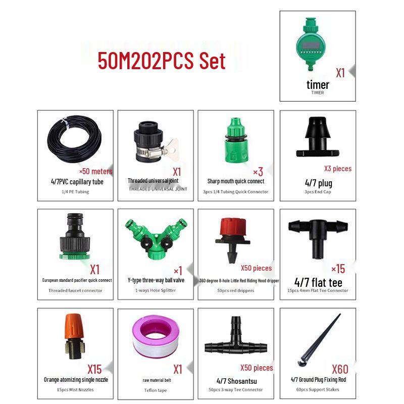Automatic 50m Drip Irrigation Kit for Garden, Flower Watering, and Cooling Atomization