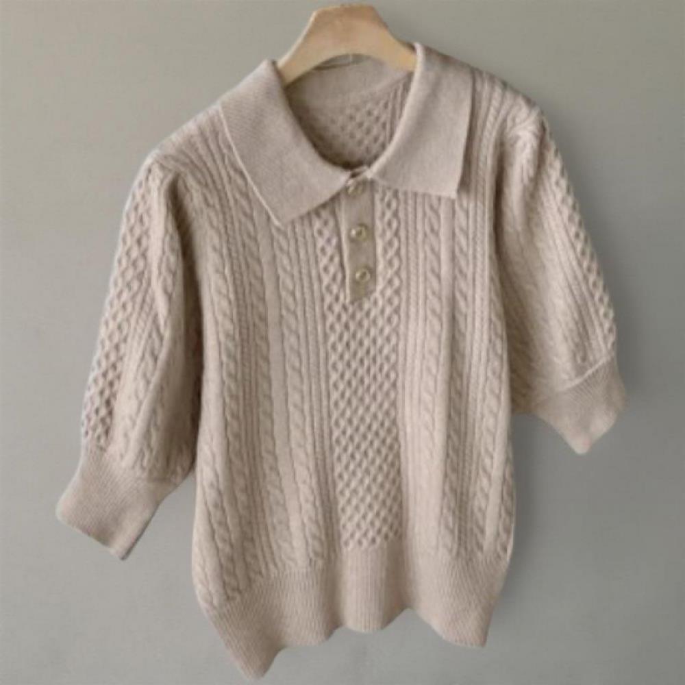 New Arrivals Open Run Women Solid Collar Neck Short Sleeve Knit Cable Design Bro