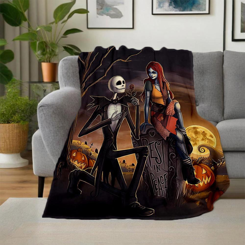 1 шт., Хэллоуин Джек Скеллингтон и Салли Плед Мягкий плед для декора комнаты, Идеальный подарок для семьи и друзей, Гостиная, Путешествия, Кемпинг