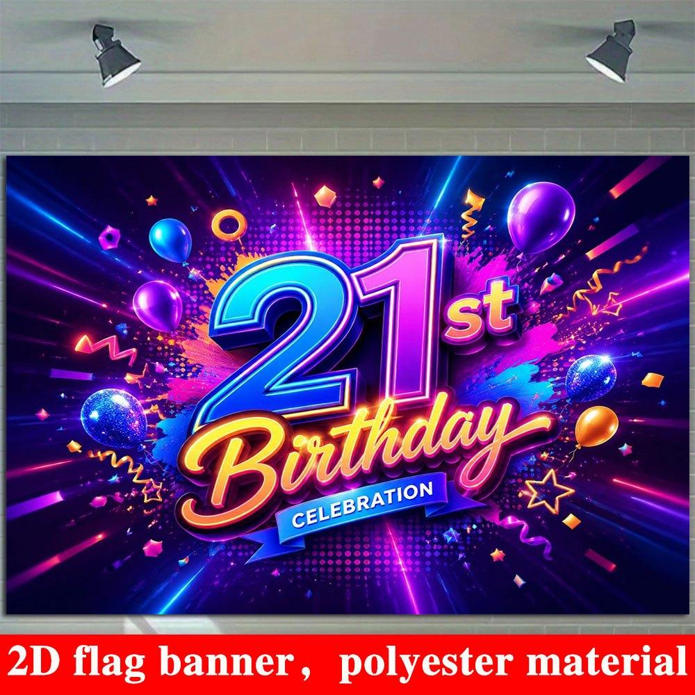 2D Flat Banner, 21st Birthday Backdrop, Colorful Balloons, Decorative Ribbons, Polyester