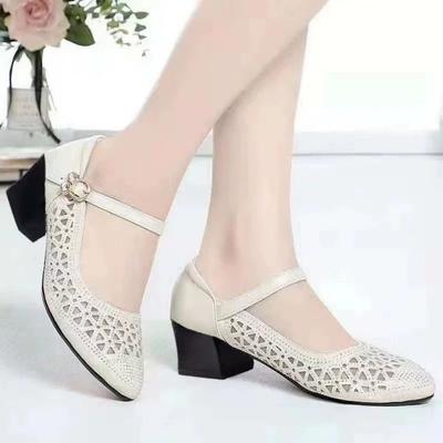 Сандалии с сетчатой вставкой на низком каблуке, женские летние модные туфли с неглубоким носком и толстым каблуком со стразами, нескользящие, дышащие, женские туфли