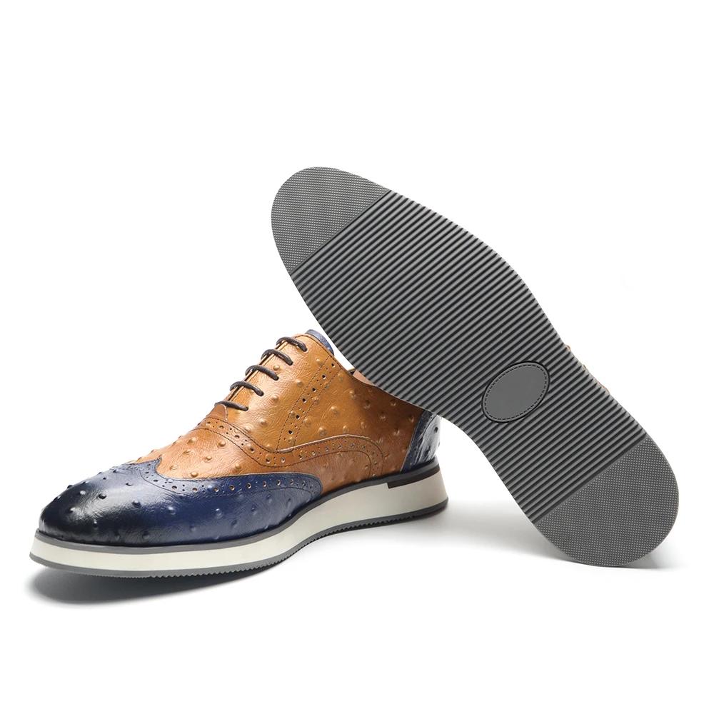 Роскошные мужские оксфорды ручной работы из натуральной коровьей кожи на шнуровке, с крылышками, броги, с узором под страуса, коричнево-синие, повседневная обувь для мужчин