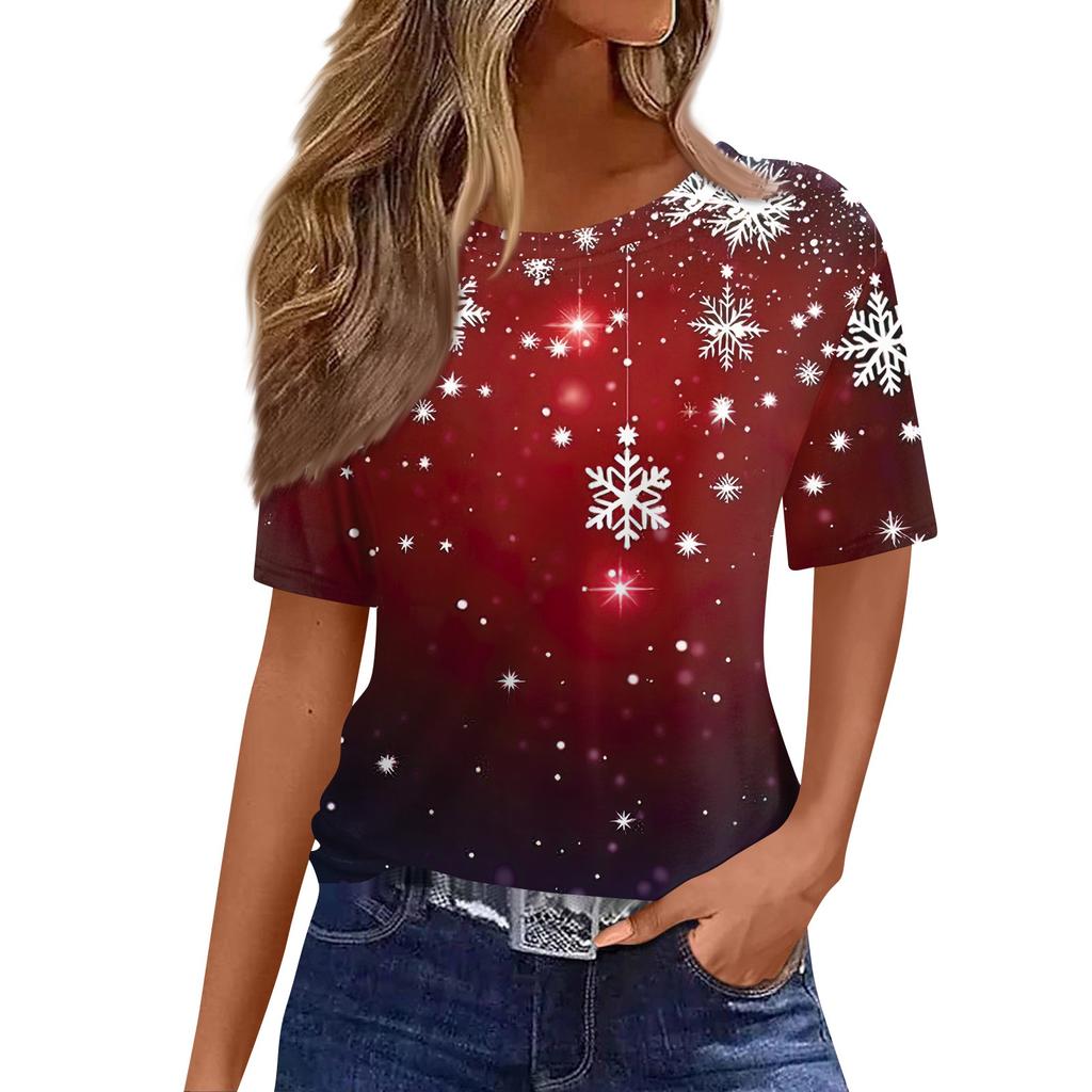 Женский модный повседневный свитер с короткими рукавами и круглым вырезом с рождественским принтом