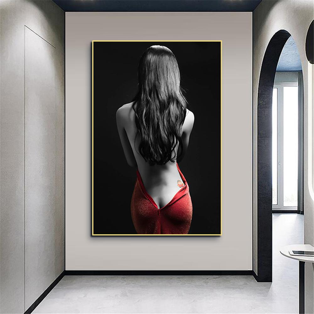 Обнаженная сексуальная девушка в красном платье, холст, картины на стене, красивые женские фотографии для современного украшения дома, гостиной