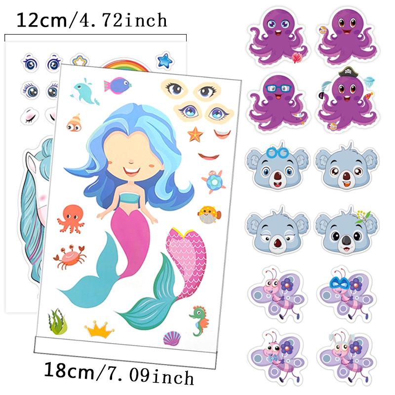 12 Sheets DIY Make a Face Stickers Animal Mermaid Adhesive Waterproof Puzzle Stickers Enlightenment Games Cute Gift Boy Girl ZYF