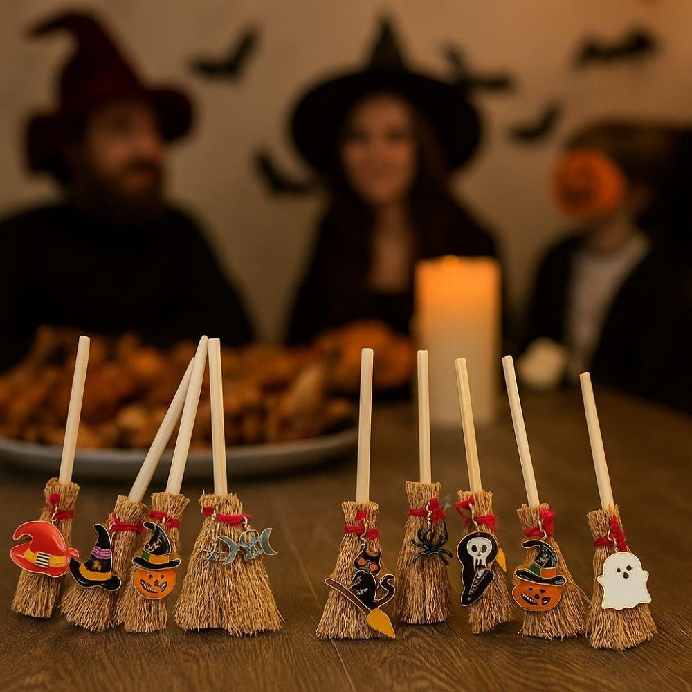 Accessories 10cm Halloween Broom Spider Ghost Hat Black Cat Mini Broom Pendant Wooden Red Rope Broom Car Pendant