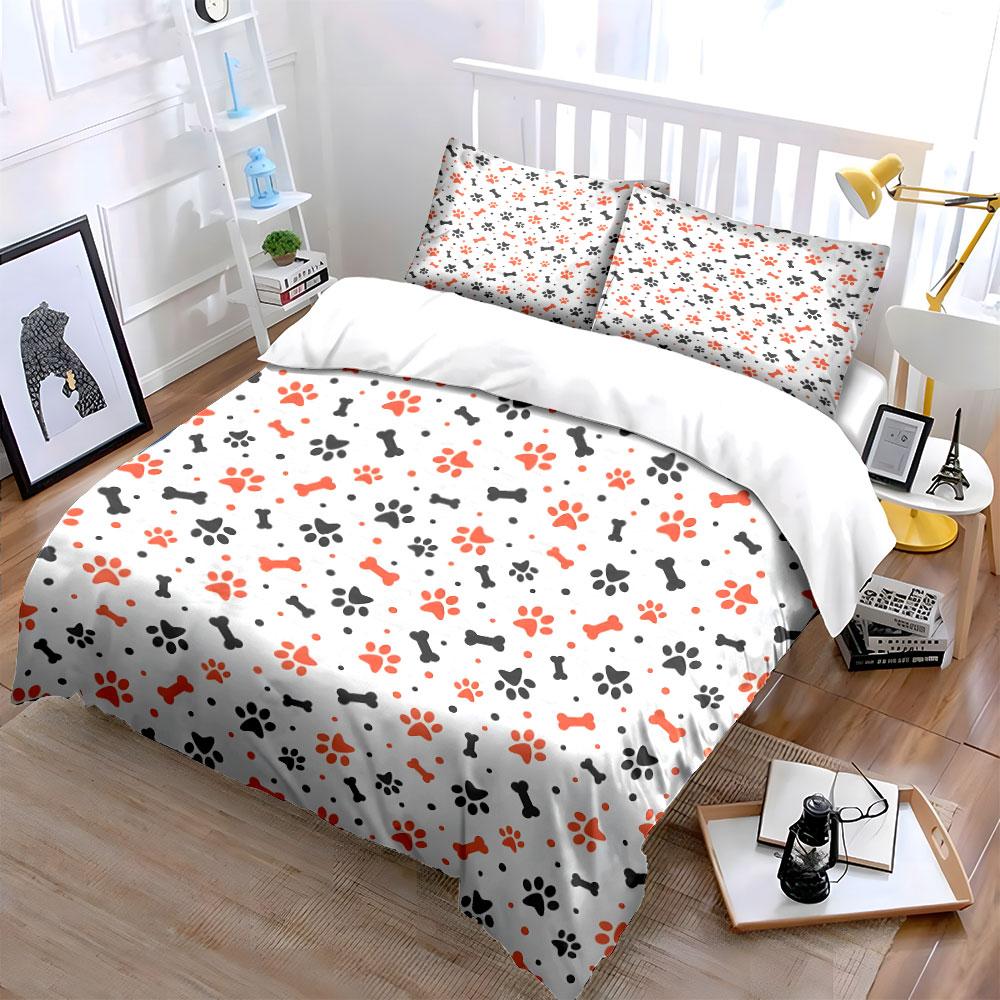 Pet Paw and Bone Print Pattern Bedding Duvet Cover Set (1*Duvet Cover 2*Pillowcases, without duvet insert)