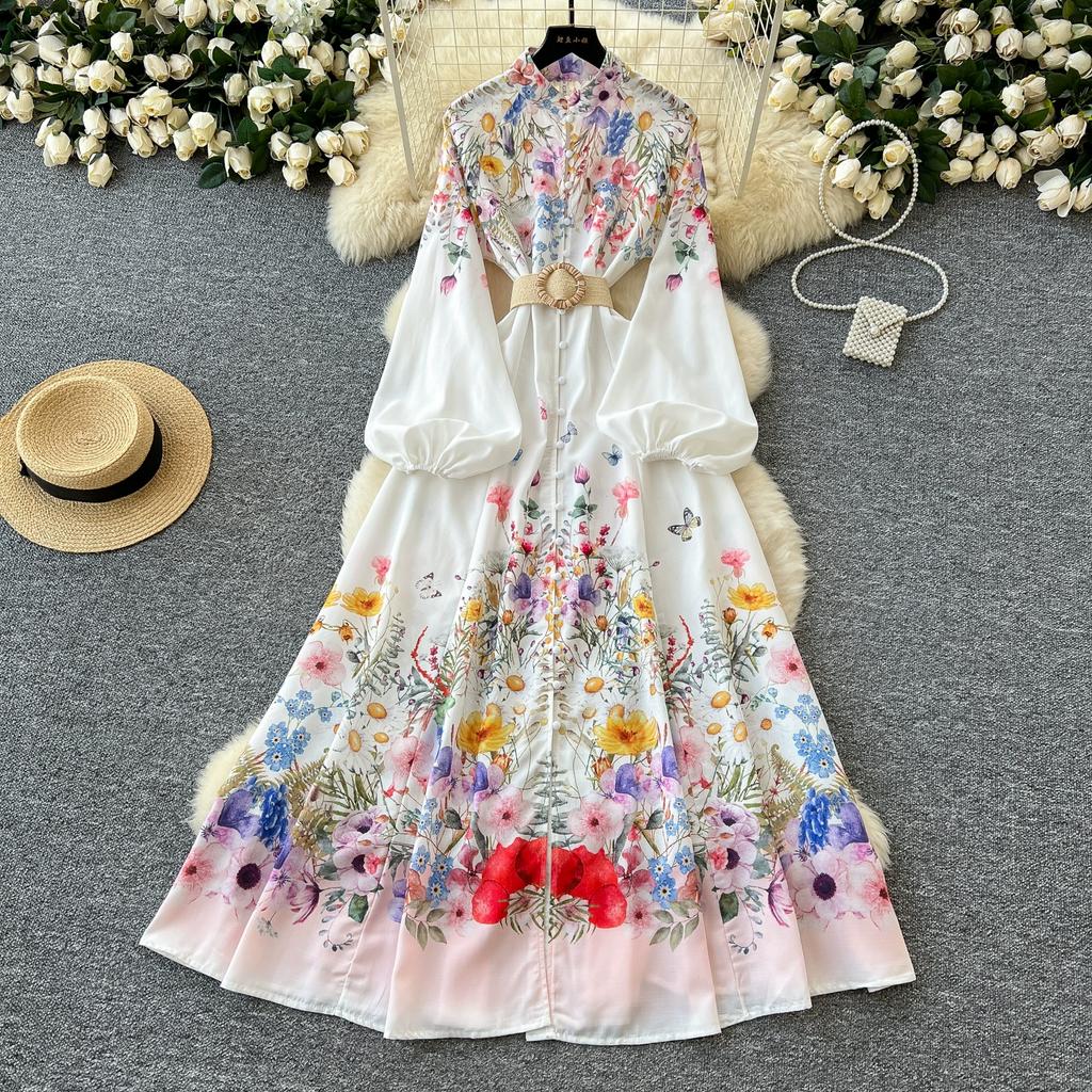 Spring Summer Women Retro Print Single Breasted Long Maxi Big Swing Vacation Beach Dresses with Belt