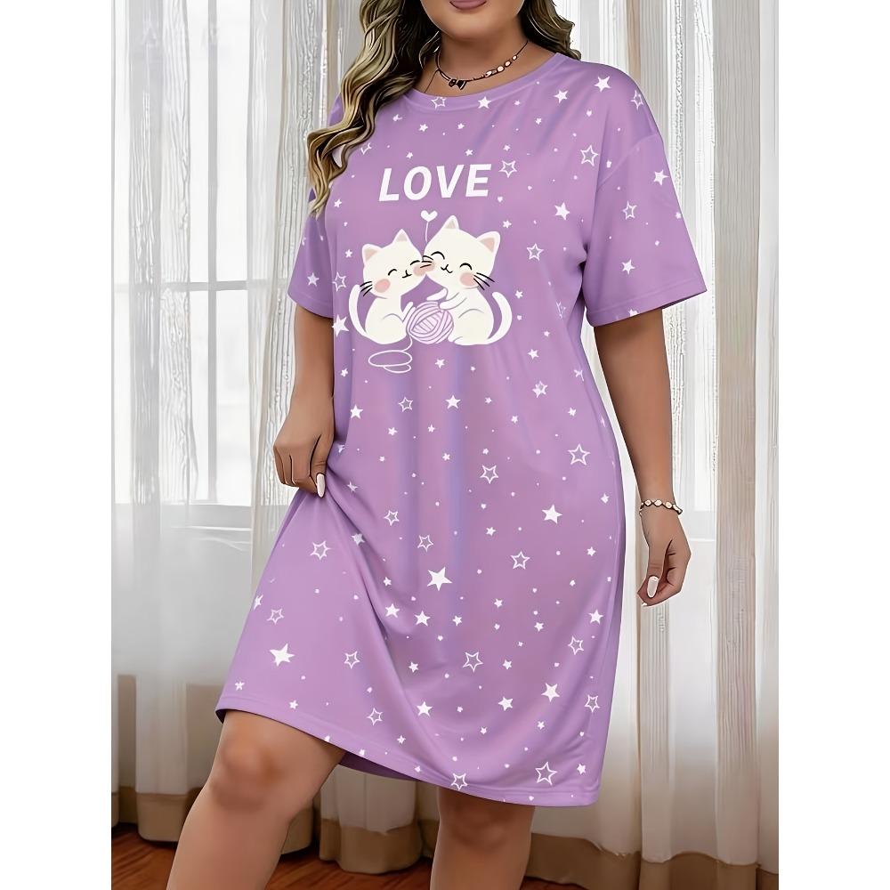 Plus-size Women's Cute Cat and Star Letter Print Casual Dress, Comfortable Short-sleeve
