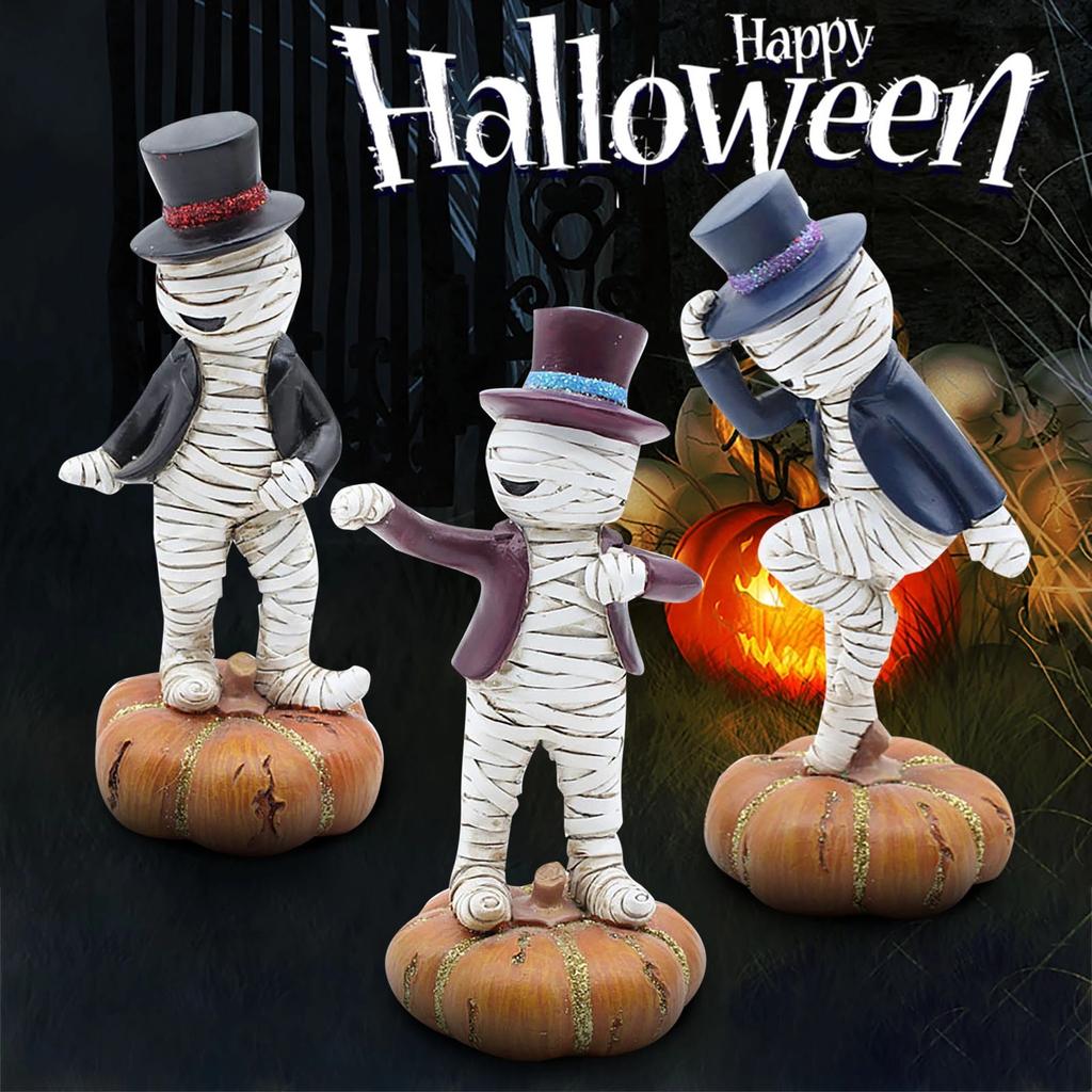 3pcs Mummy Dancing On The Pumpkin Halloween Resin Decorations Mummy Statues Party Holiday Decorations Figurines Gift