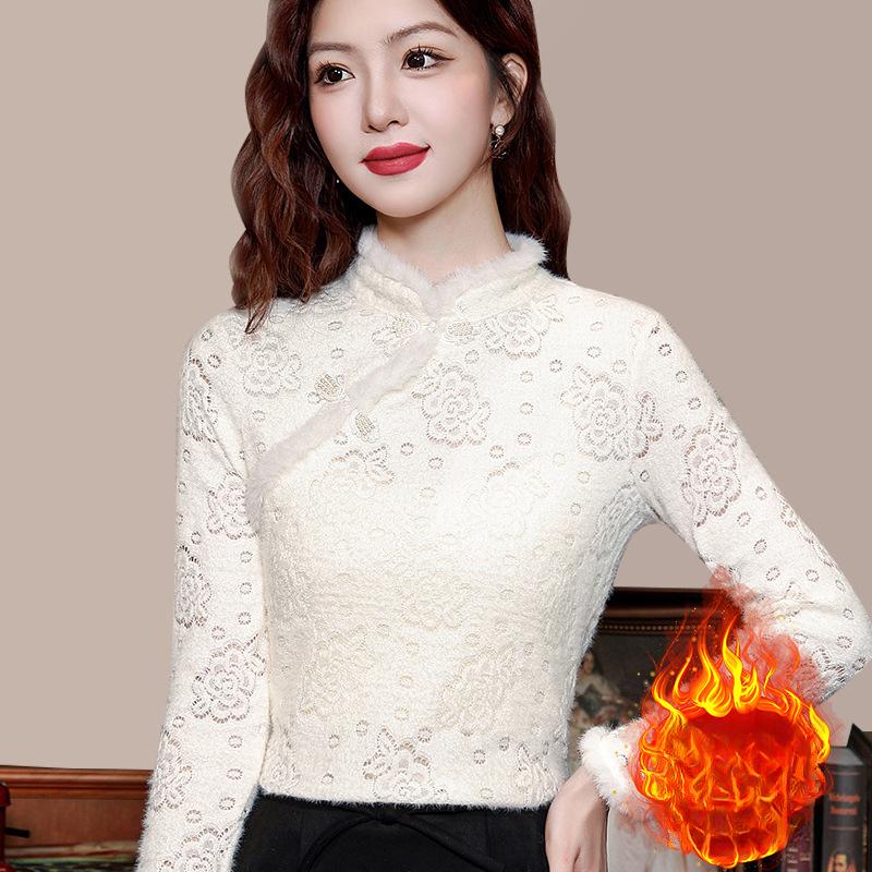 Женская базовая рубашка с воротником-стойкой Новая Осень и Холодный Сезон Диагональная планка Женская одежда Теплый Бархат Утолщенный Внутренний Топ