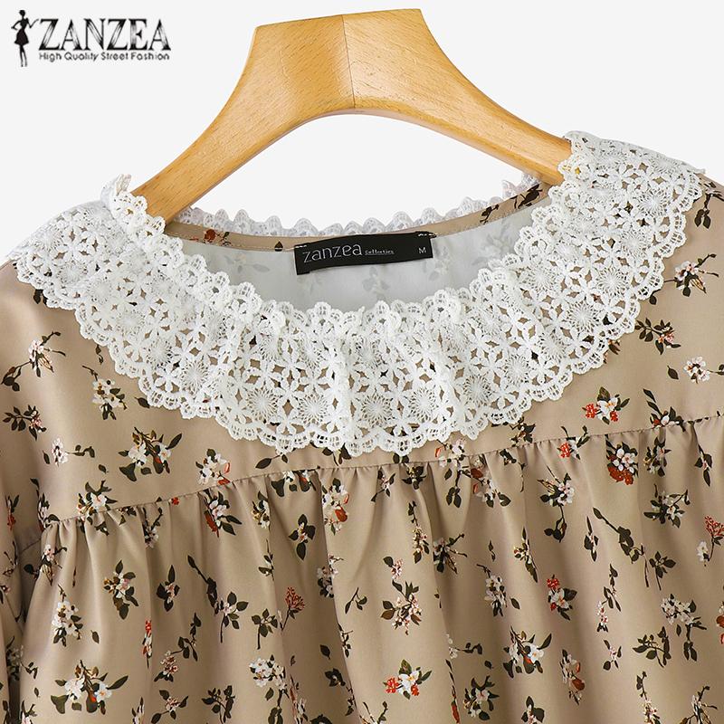 ZANZEA Женские повседневные кружевные блузки с круглым вырезом и цветочным принтом с длинным рукавом