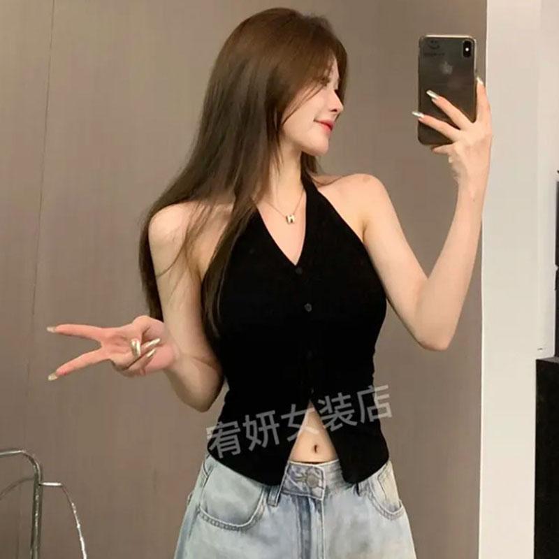 Женский летний однотонный топ без рукавов с открытой талией и лямками