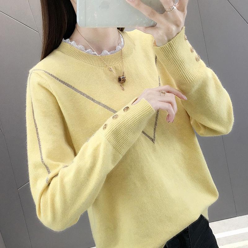 Pofulove Women Lace Round Neck Button Long Sleeve Sweater Slim Warm Pullover Undershirt Sweatshirts