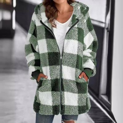 Женская свободная куртка с длинными рукавами, в клетку, с капюшоном, на молнии и карманами
