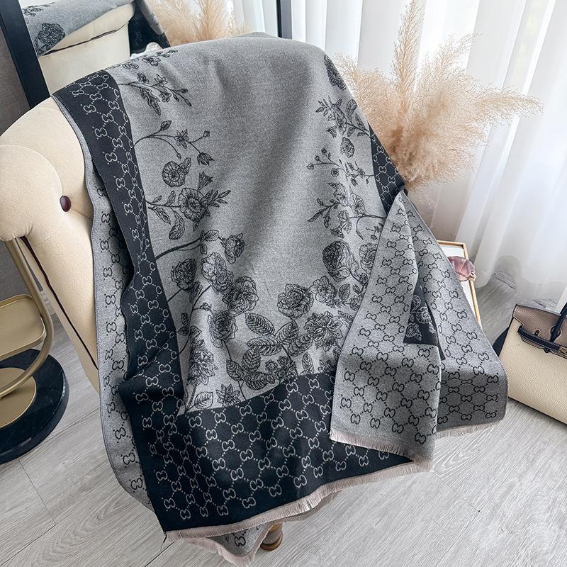 Imitation Cashmere Flowers Retro Simple Texture Printing Double-Sided Warm Scarf Shawl Outer Cover Women