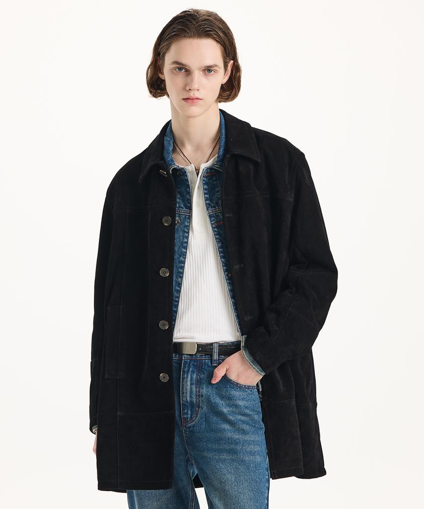 Connect Kinloch [Real Leather] Cut-Out Detail Suede Car Coat [Black]