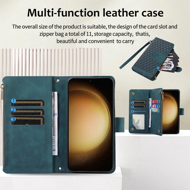 Многофункциональная сумка для телефона на двухслойной молнии с 9 слотами для карт для iPhone Samsung Xiaomi Google Роскошный чехол-кошелек из искусственной кожи с тиснением ромба